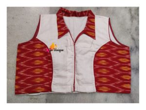 White Khadi With Red Ikkat Work Sleeveless Blouse Designs With Collar