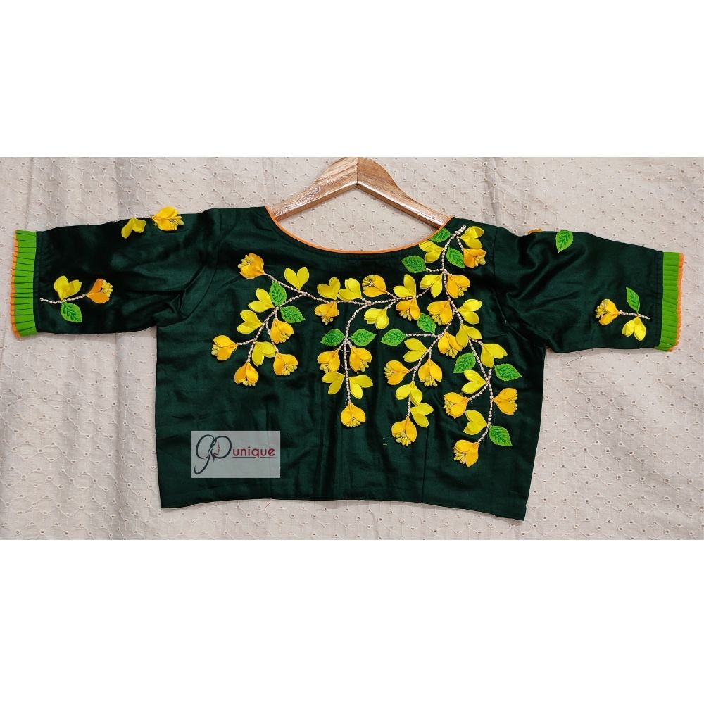 Green - Batik Print Hand Embroidery Cotton Blouse Piece 38 main image 1