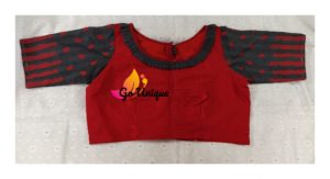 Red Cotton Silk Body With Grey Jamdani Sleeves Blouse