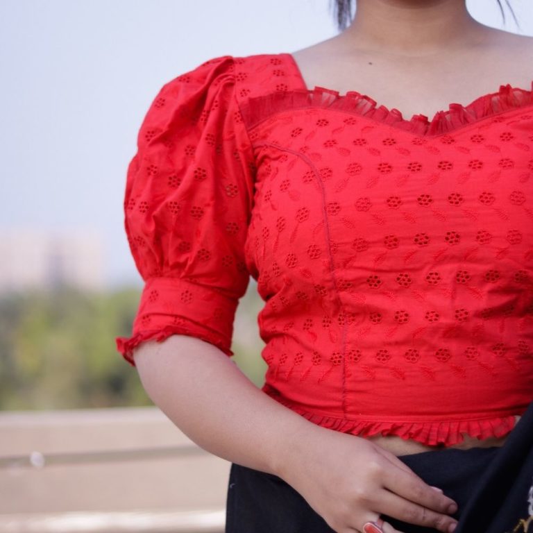 DKF122-Hakoba Blouse in Off-Whte with Red floral French-knot embroidery. Can be altered up to size 42 main image 0