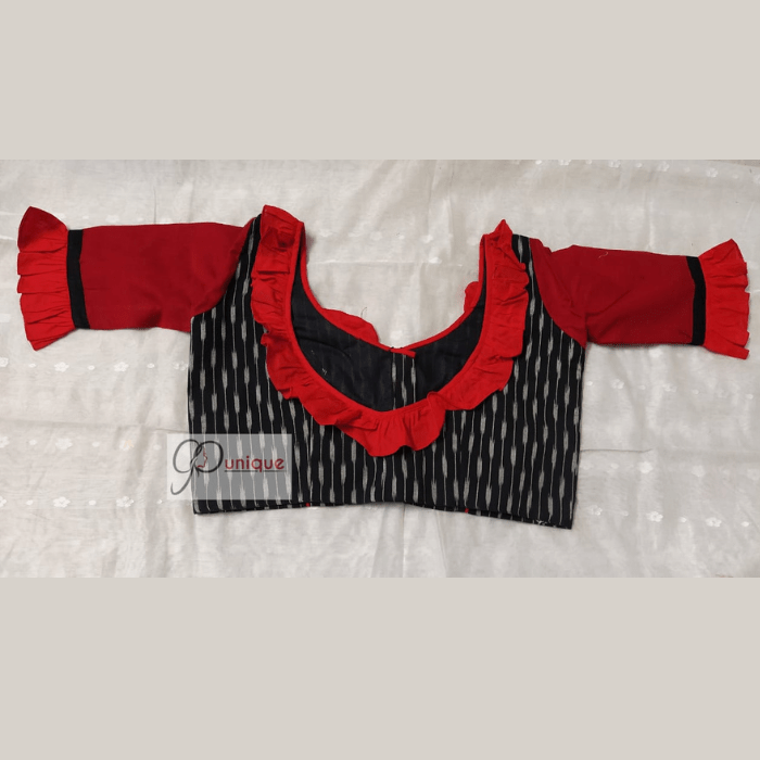 Black Ikkat Body With Red Khadi Sleeves And Frill Blouse