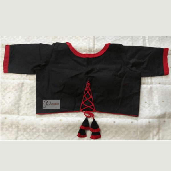 Black Khadi Blouse With Red Frill And Piping 1