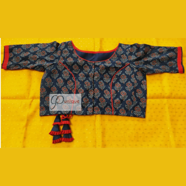 Blue Ajrak Blouse With Red Frill And Piping 1
