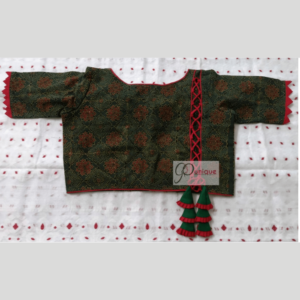 Green Ajrak Blouse With Red Piping And Frill 1