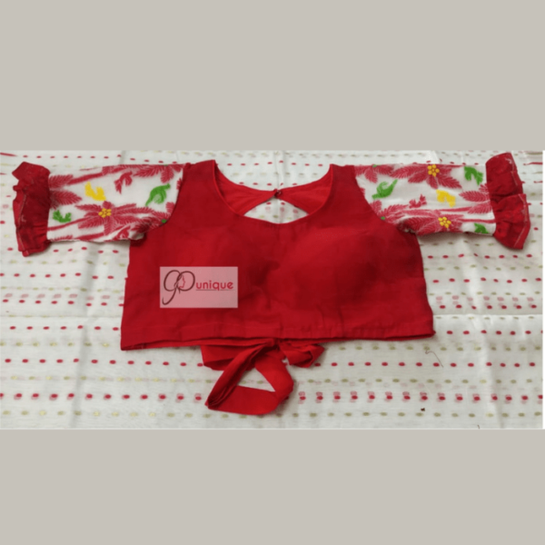 Red Jamdani Body With White Sleeves And Red Green Sleeves Work. Blouse 3