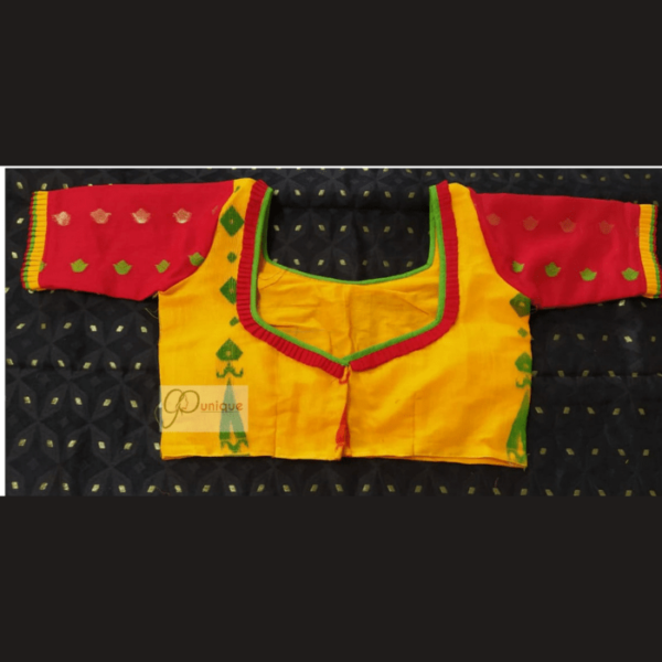 Yellow Body Jamdani With Red Jamdani Sleeves Blouse 1