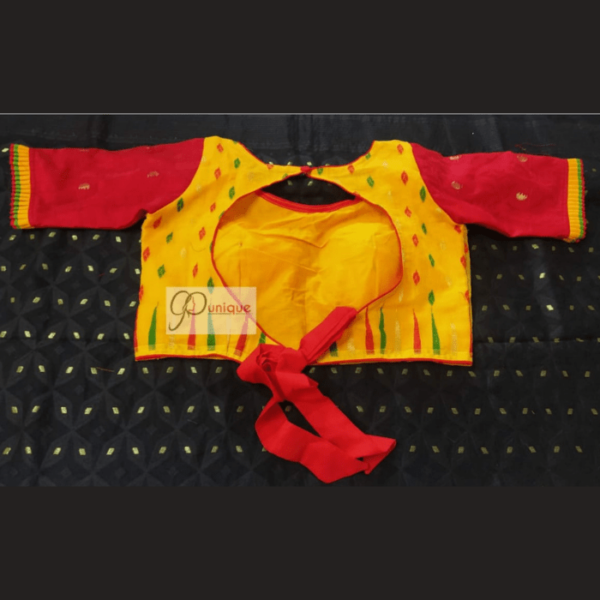 Yellow Jamdani Bldy With Red Sleeves And Yellow Frill Blouse 1