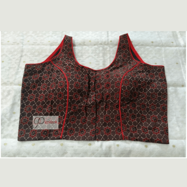 Brown Ajrak Sleeveless Blouse With Red Piping 1