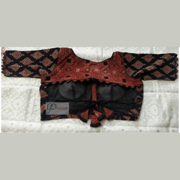 Brown And Black Ajrak Designer Blouse With Lace 1