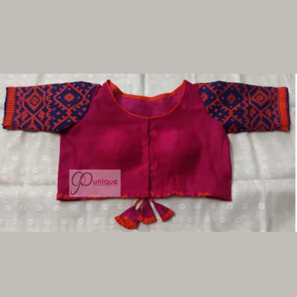 Pink Jamdani With Orange Works And Orange Blue Sleeves 1