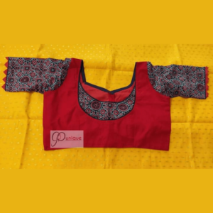 Red Khadi Body With Ajrak Sleeves And Neck Design Blouse