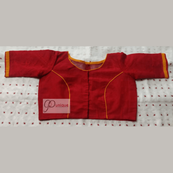 Red Jamdani With Yellow Piping And Frill Blouse 1