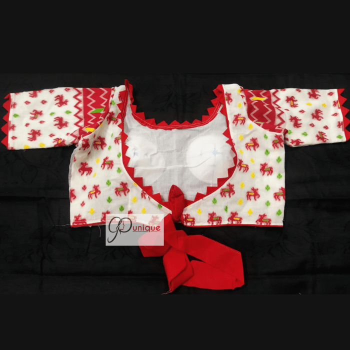 Red White Jamdani Blouse With Red Frll And Lace