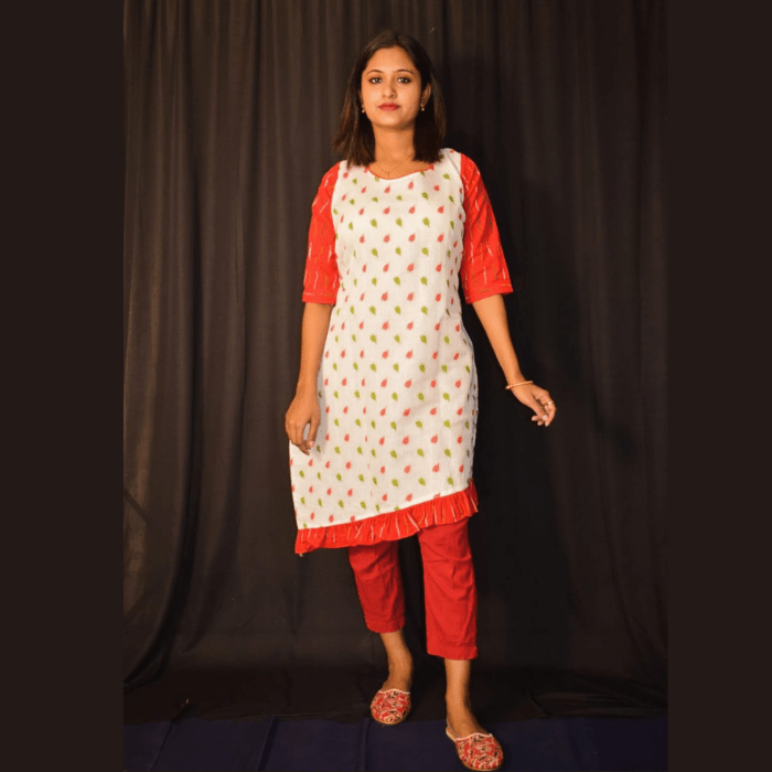 Red and White Combination Jamdani Kurti Dress 1