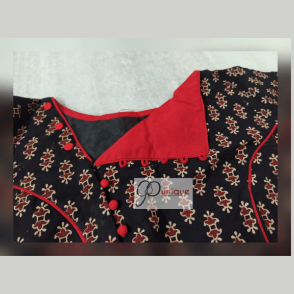 Black Ajrak Flower Motive Blouse With Red Collar Design 1