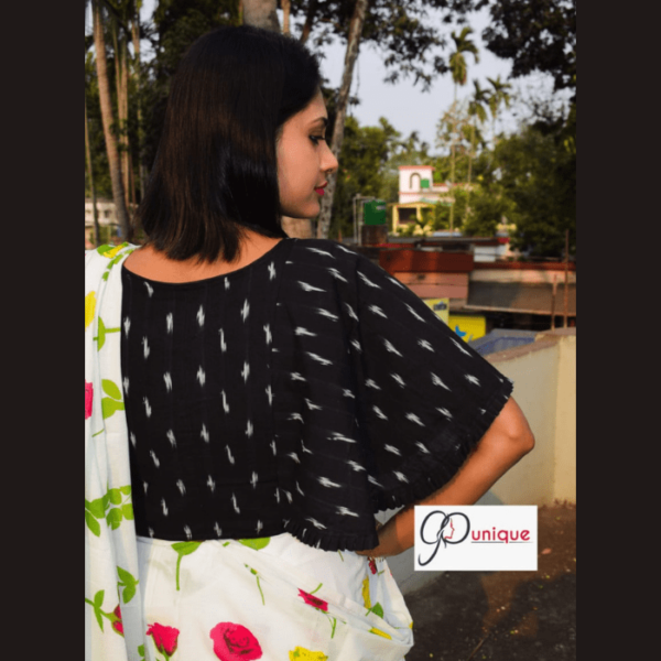 Black Ikkat With White Work Kaftan Sleeves Blouse With Frill In The Sleeves 4