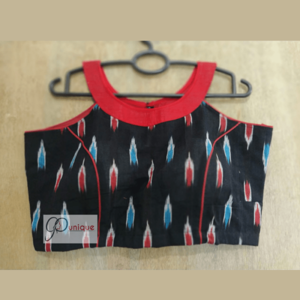 black ikkat sleeveless blouse with red blue work 1