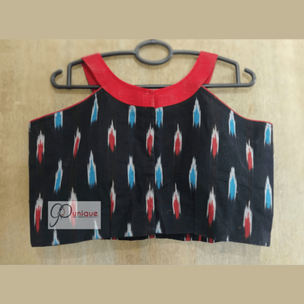 black ikkat sleeveless blouse with red blue work