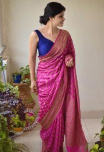 blue contrast blouse for pink silk saree