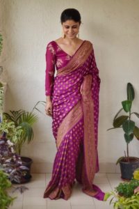 magenta leaf work full sleeves blouse with saree