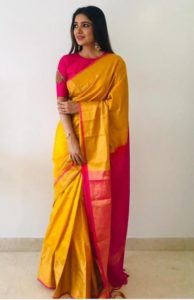 magenta silk blouse with yellow saree | Latest blouse designs for silk sarees