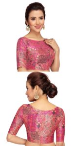 peach colour boat neck silk saree blouse design front and back