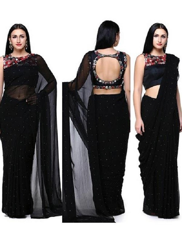 pitch black boat neck blouse with net saree