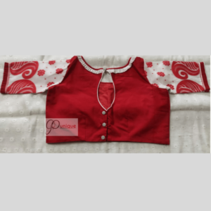 red cotoon silk body with red white jamdan glass sleeves blouse