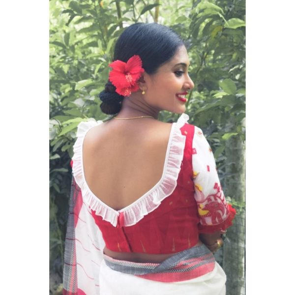 red jamdani body with red white yellow green work jamdani sleeves blouse(2)