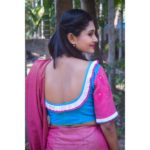 sky blue jamdani body with pink jamdani sleeves and neck frill blouse1