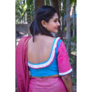 sky blue jamdani body with pink jamdani sleeves and neck frill blouse1