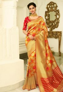 red golden combination silk saree with red blouse
