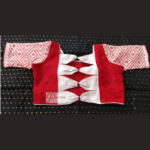 red jamdani body with red white work jamdani sleeves and white bow blouse 1