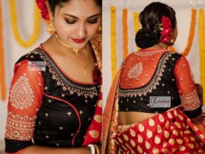 black red golden kalka design aari work blouse 1