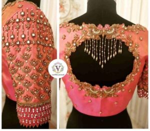 pink bridal blouse back neck design with stone work