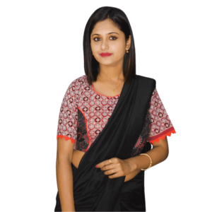 red black combination ajrak with orange frill blouse
