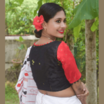 red and black combination jamdani blouse with pompom balls 2