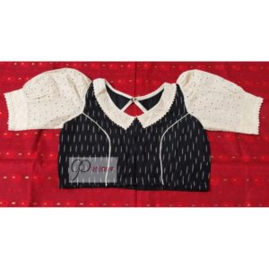 black white ikkat with off white hakoba with thin croche lace