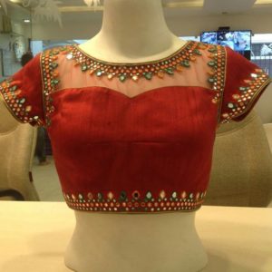boat neck transparent blouse with mirror work