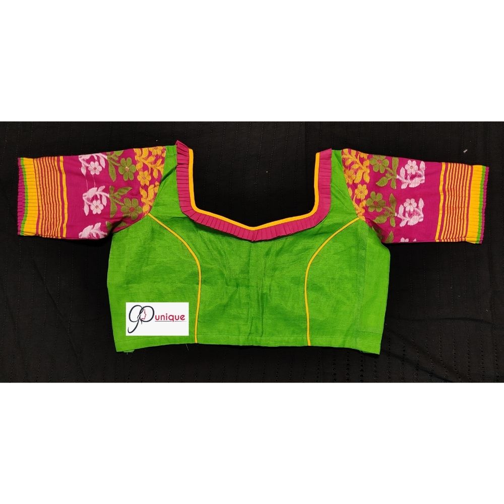 Blue - Rangoli Bengal Jamdani Buti Blouse Piece with Ikat Border main image 0