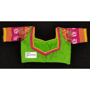 green jamdani body with multi colours work with 3layer frill blouse1