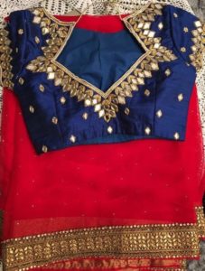 royal blue gold embroidered mirror work blouse design