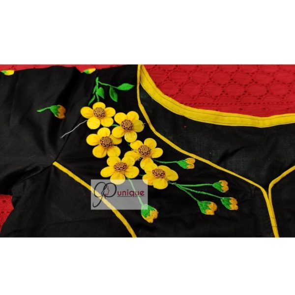 black yellow green 3d hand embroidery blouse with frills 2