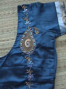 blue blouse design with vertical aari work