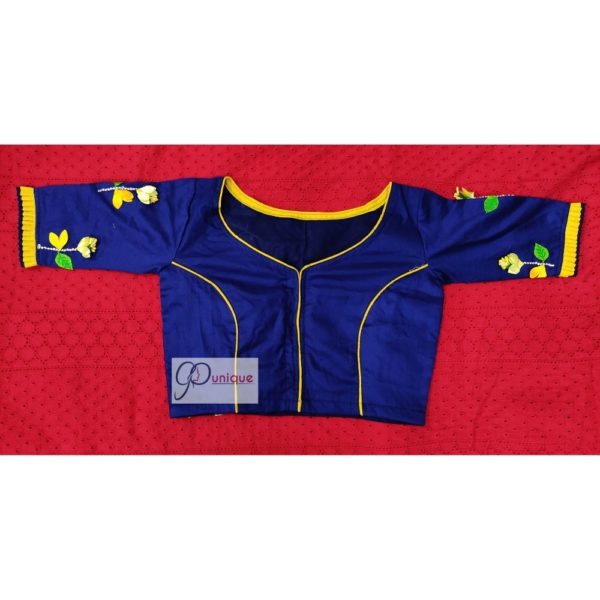 blue yellow green hand 3d embroidery blouse with frills 1