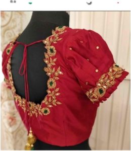 floral neck red blouse design with aari work