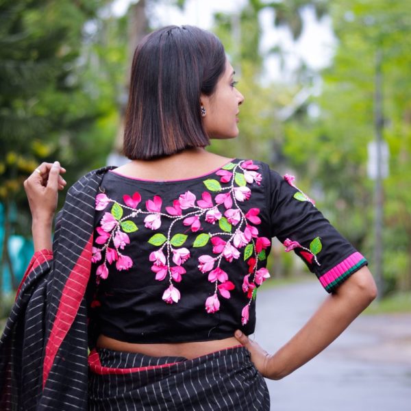 black cotton silk with kagoj full 3d embroidery blouse