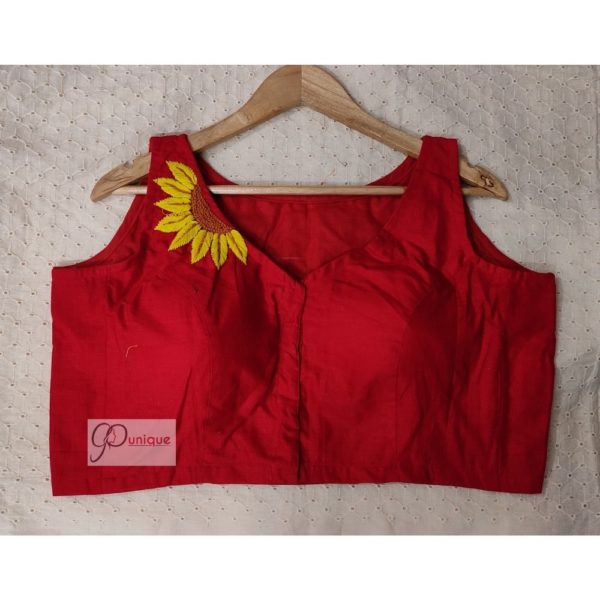 red khadi with sunflower Embroidery blouse
