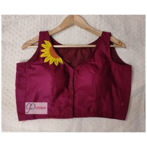 Wine khadi with sunflower Embroidery blouse