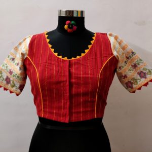 red designer khadi with durga embroidery blouse